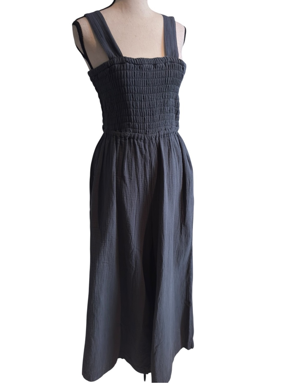Quince Organic Cotton Gauze Smocked Wide Leg Jumpsuit Navy Blue Size Small NWOT - Picture 5 of 8